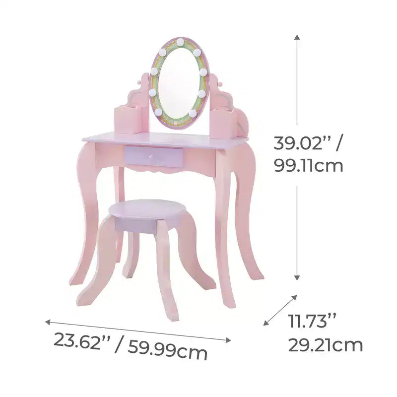 Coiffeuse en bois pour enfants avec miroir LED et tabouret - Rose
