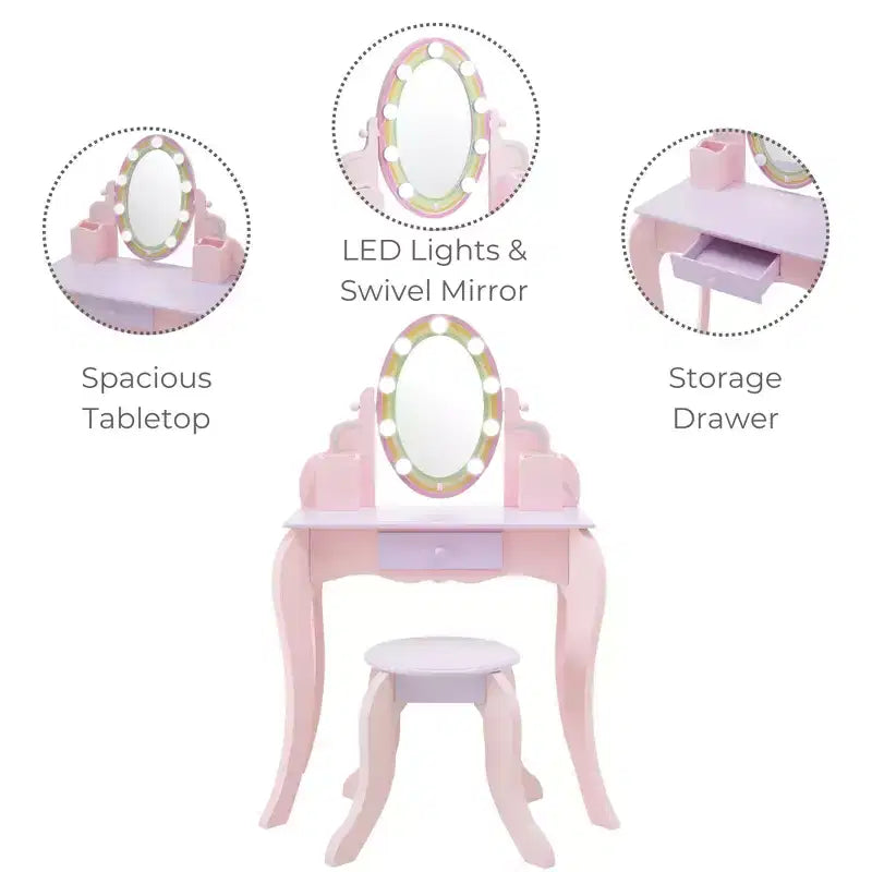 Coiffeuse en bois pour enfants avec miroir LED et tabouret - Rose