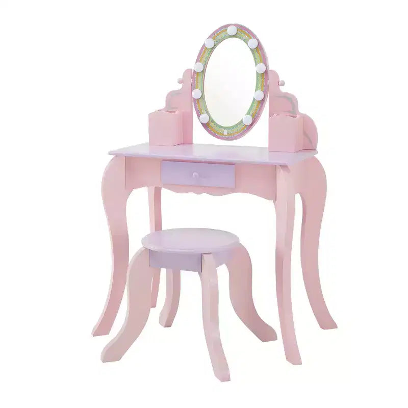Coiffeuse en bois pour enfants avec miroir LED et tabouret - Rose
