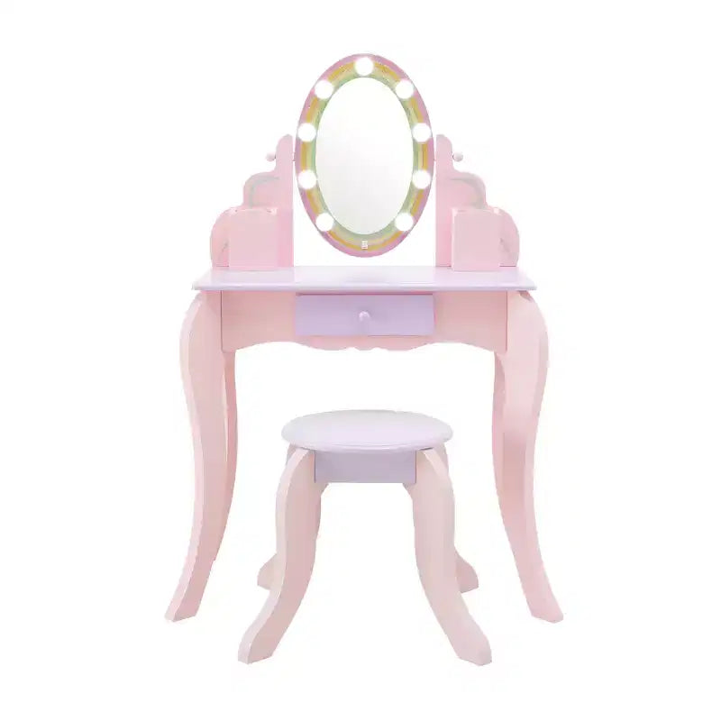 Coiffeuse en bois pour enfants avec miroir LED et tabouret - Rose