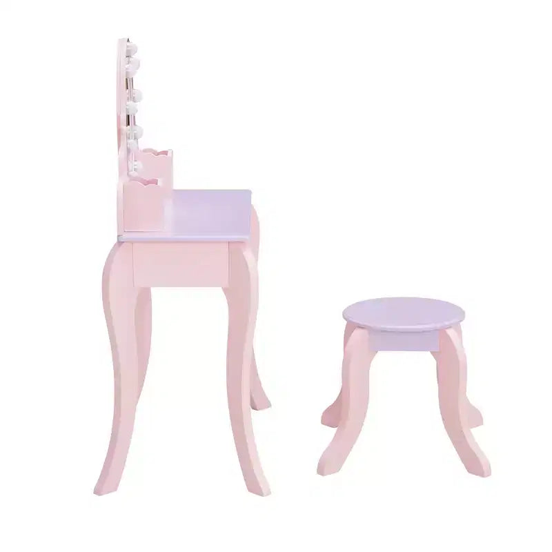 Coiffeuse en bois pour enfants avec miroir LED et tabouret - Rose