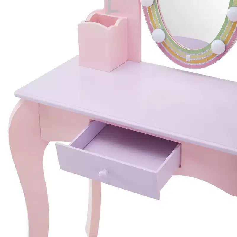 Coiffeuse en bois pour enfants avec miroir LED et tabouret - Rose