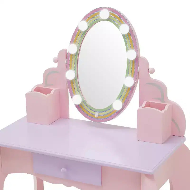 Coiffeuse en bois pour enfants avec miroir LED et tabouret - Rose