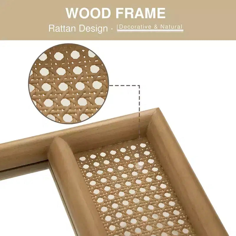 Miroir mural classique en bois avec cadre arqué et base en rotin