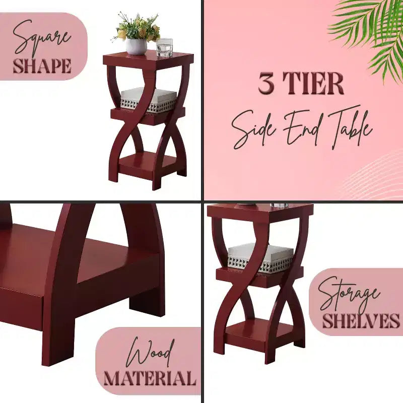 Table de chevet en bois à 3 niveaux avec étagères - Table de nuit carrée pour chambre à coucher