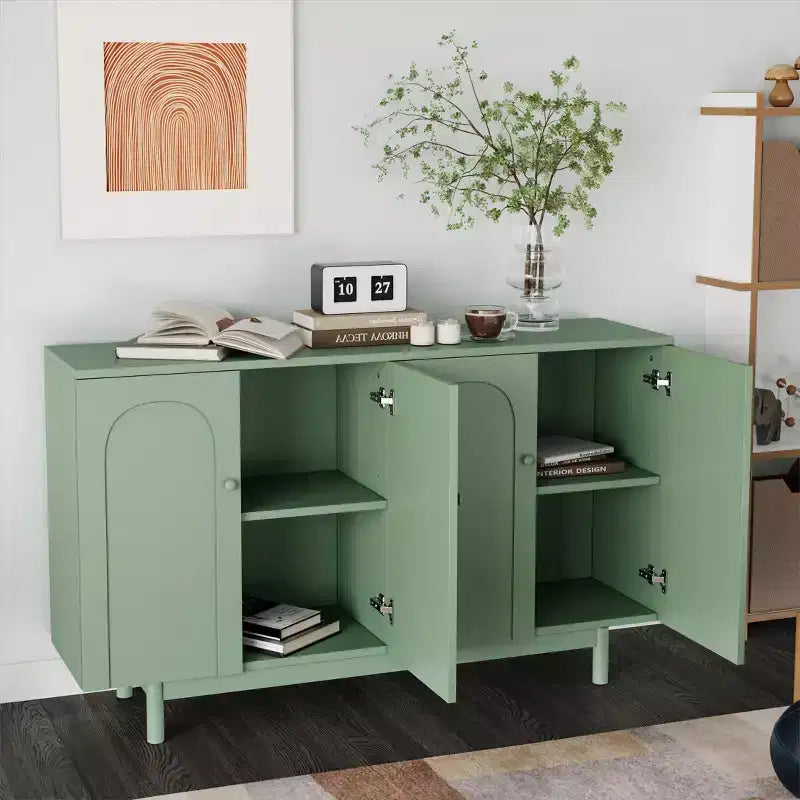 Buffet de rangement à 4 portes de 150 cm avec portes intaglio - Blanc/Vert menthe