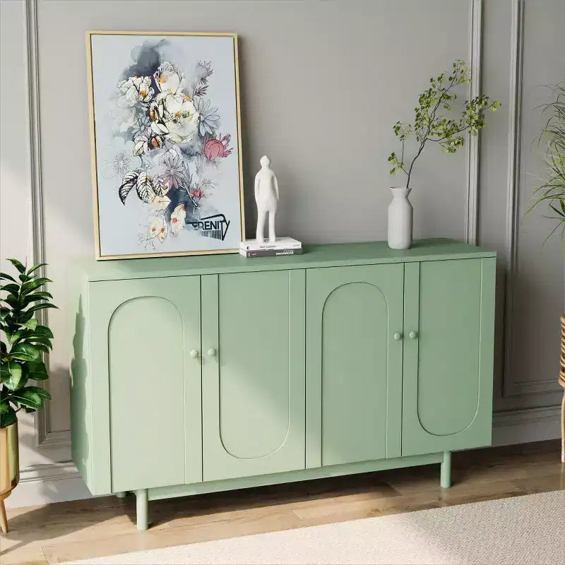 Buffet de rangement à 4 portes de 150 cm avec portes intaglio - Blanc/Vert menthe