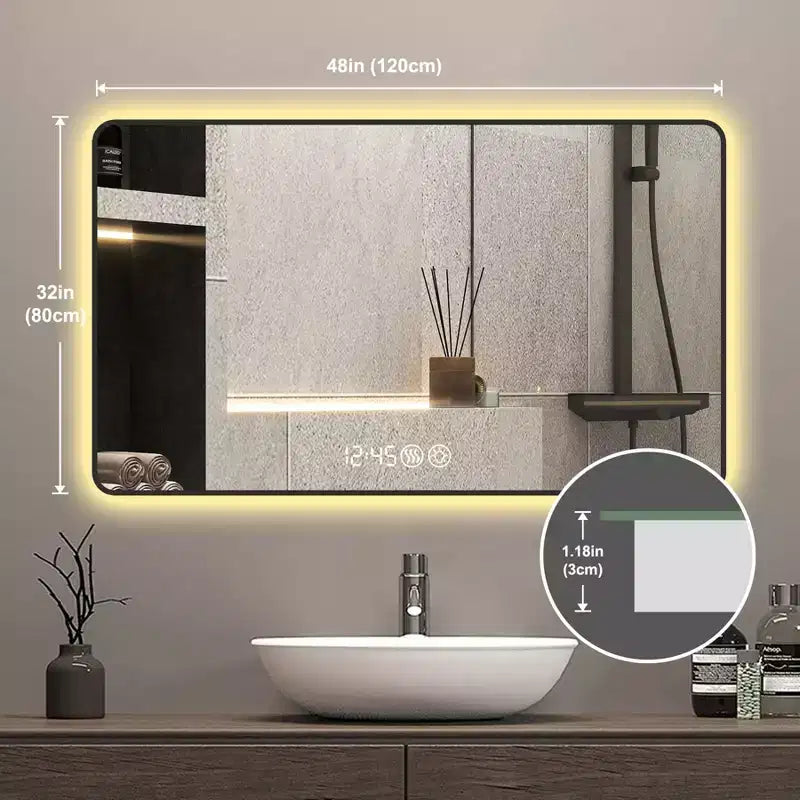 Miroir mural cadre noir 48x32 : Angles arrondis, affichage de la température, lumière tricolore, désembuage, verre trempé haute définition