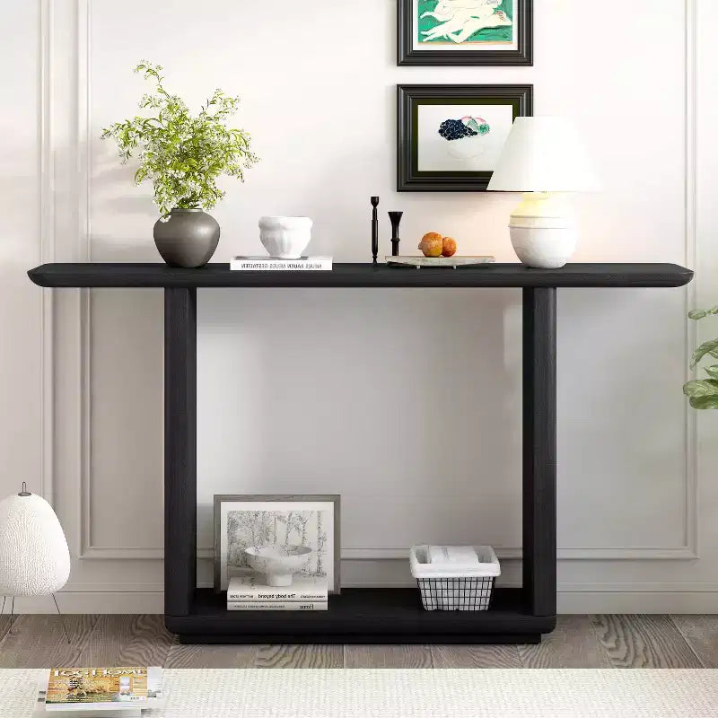 Table console moderne en bois avec base en U et coins arrondis – Noir ou marron