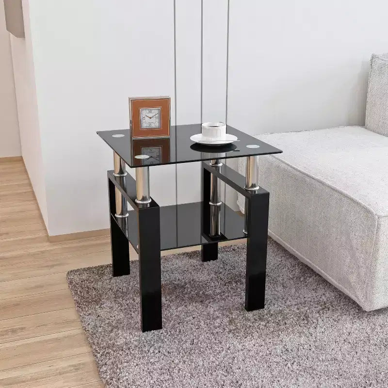 Table d'appoint carrée moderne en verre trempé – Noir, capacité de 68 kg