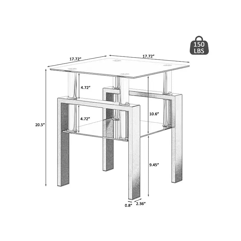 Table d'appoint carrée moderne en verre trempé – Noir, capacité de 68 kg