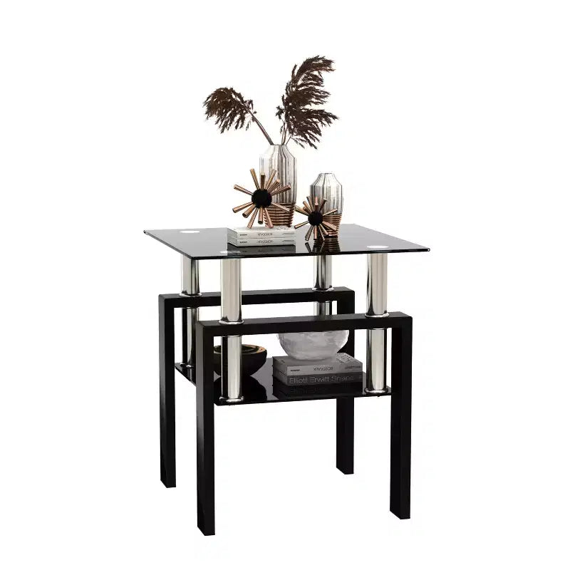Table d'appoint carrée moderne en verre trempé – Noir, capacité de 68 kg