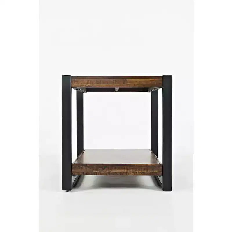 Bout de canapé moderne industriel en acacia vieilli avec étagère de rangement