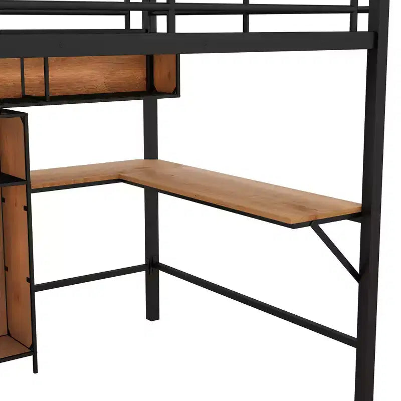 Lit mezzanine double en métal et bois avec bureau en L et étagères – Noir et noyer