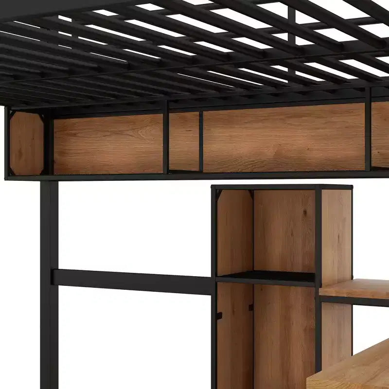 Lit mezzanine double en métal et bois avec bureau en L et étagères – Noir et noyer