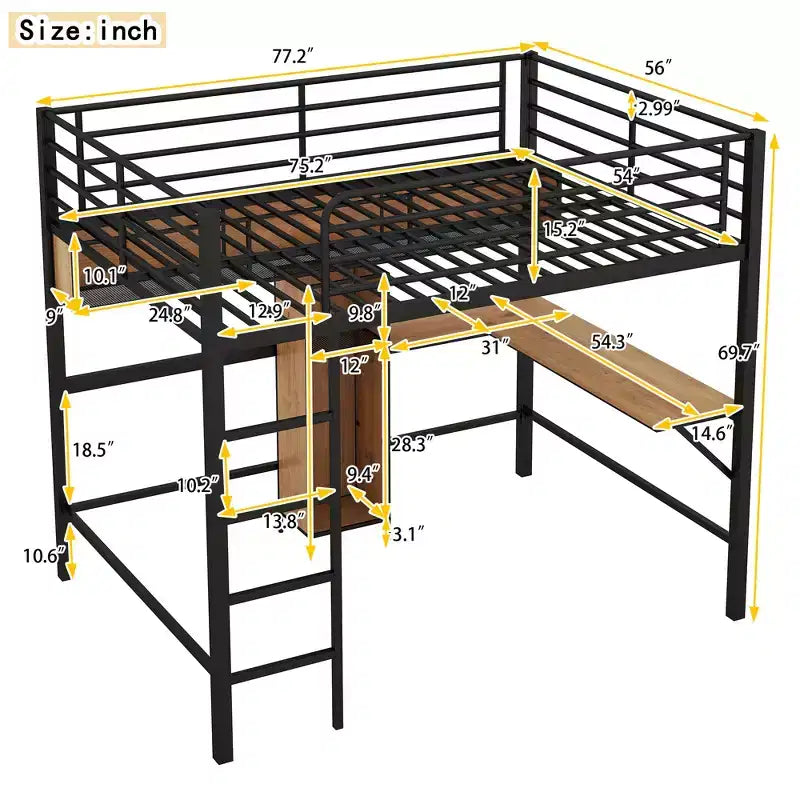 Lit mezzanine double en métal et bois avec bureau en L et étagères – Noir et noyer