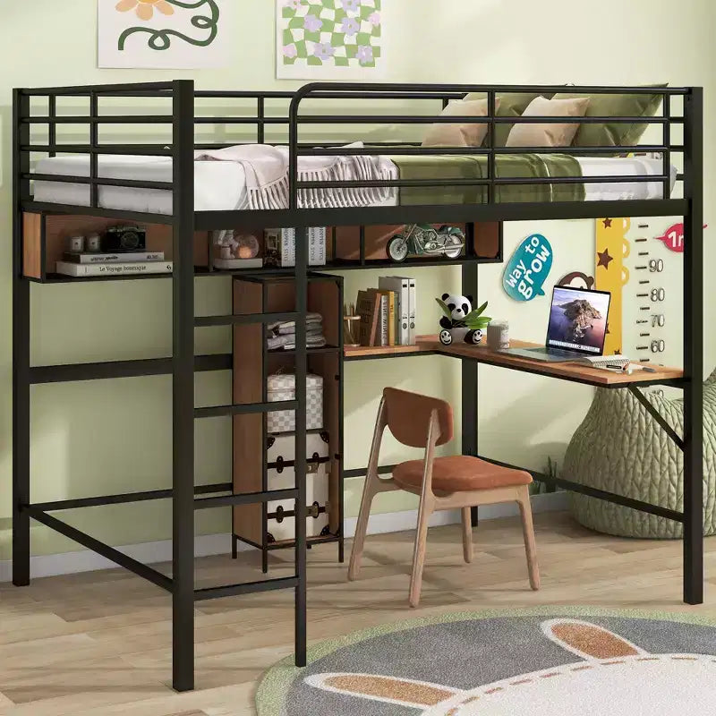 Lit mezzanine double en métal et bois avec bureau en L et étagères – Noir et noyer