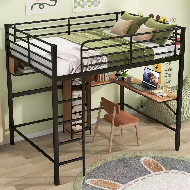 Lit mezzanine double en métal et bois avec bureau en L et étagères – Noir et noyer