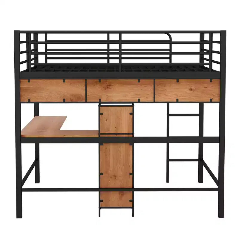 Lit mezzanine double en métal et bois avec bureau en L et étagères – Noir et noyer