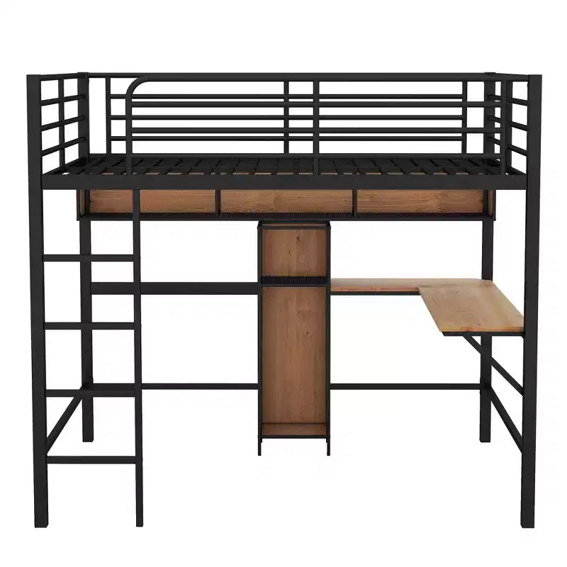 Lit mezzanine double en métal et bois avec bureau en L et étagères – Noir et noyer