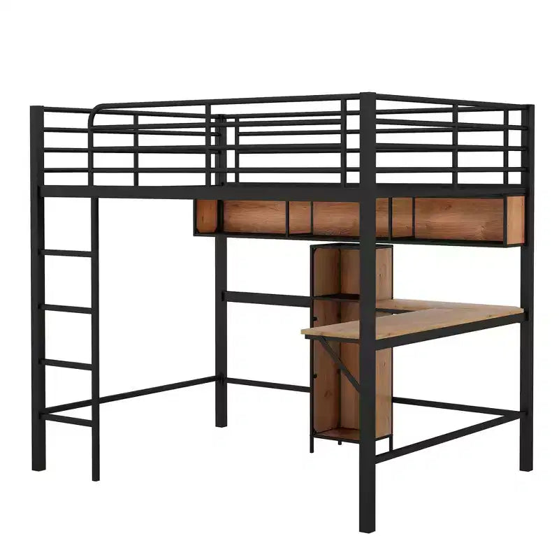 Lit mezzanine double en métal et bois avec bureau en L et étagères – Noir et noyer