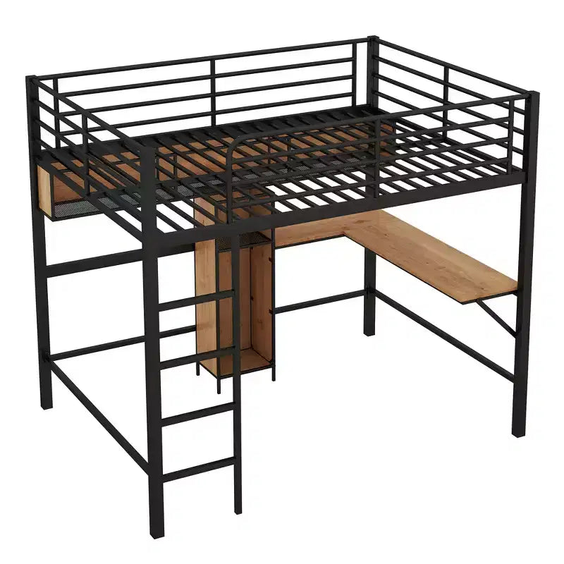 Lit mezzanine double en métal et bois avec bureau en L et étagères – Noir et noyer