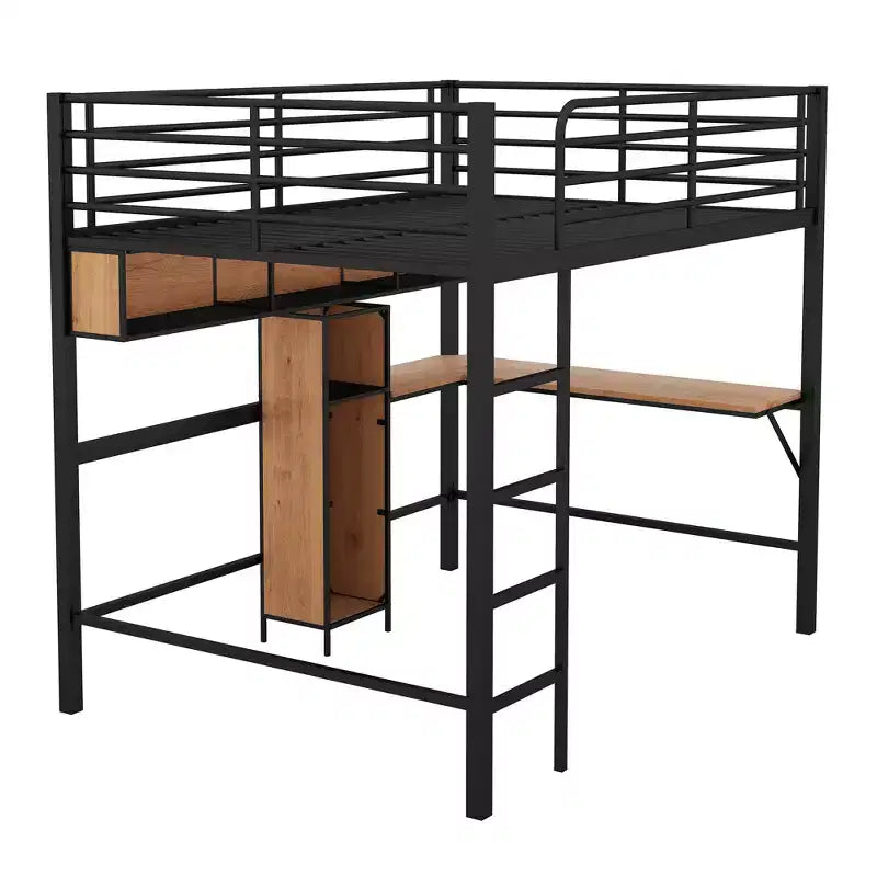 Lit mezzanine double en métal et bois avec bureau en L et étagères – Noir et noyer