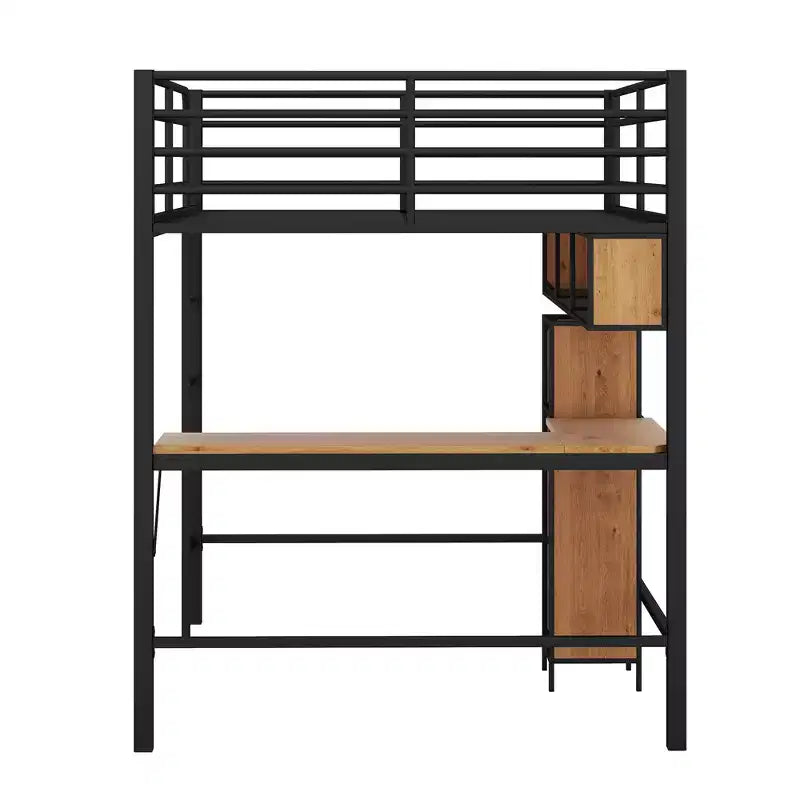 Lit mezzanine double en métal et bois avec bureau en L et étagères – Noir et noyer