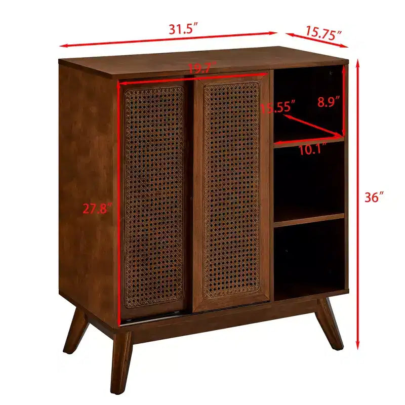 Buffet en rotin Mid-Century Modern avec étagères réglables - Bois foncé