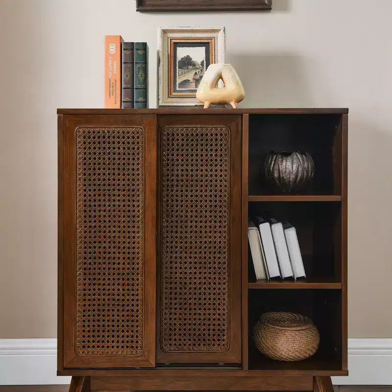 Buffet en rotin Mid-Century Modern avec étagères réglables - Bois foncé