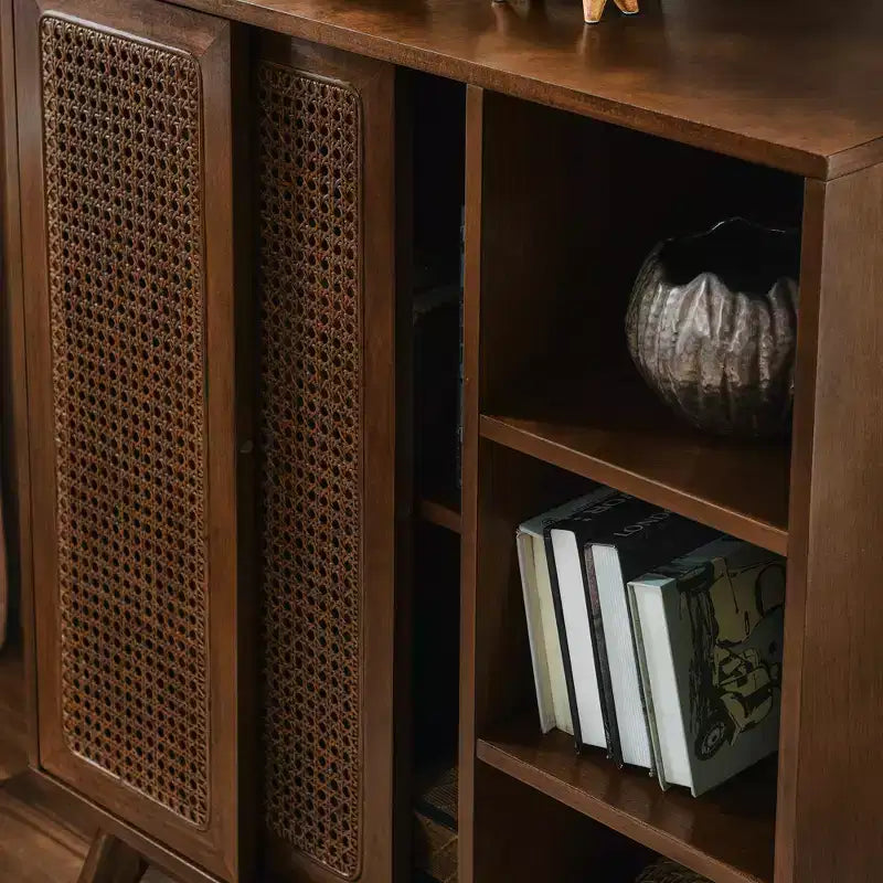 Buffet en rotin Mid-Century Modern avec étagères réglables - Bois foncé