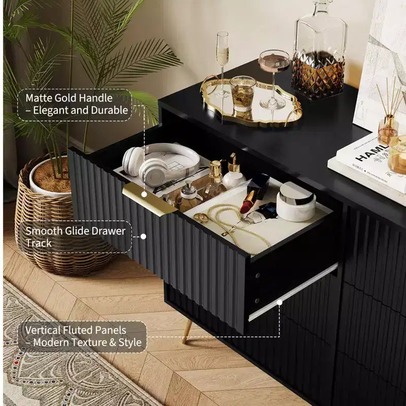Commode à 6 tiroirs cannelés, commode moderne de 120 cm de large avec poignées métalliques