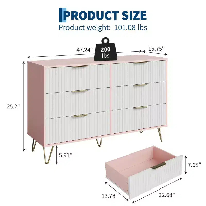 Commode à 6 tiroirs cannelés, commode moderne de 120 cm de large avec poignées métalliques