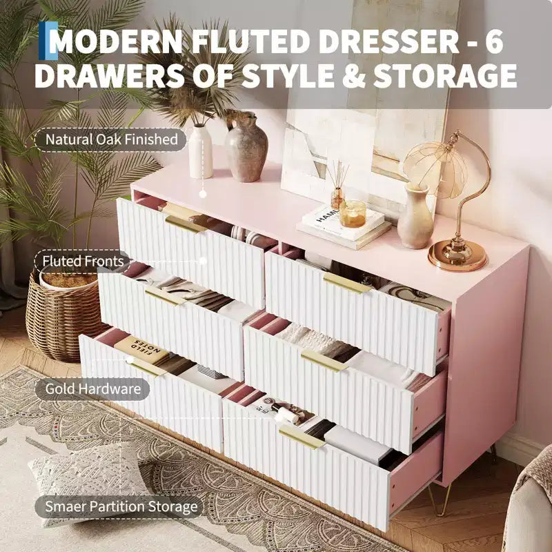 Commode à 6 tiroirs cannelés, commode moderne de 120 cm de large avec poignées métalliques