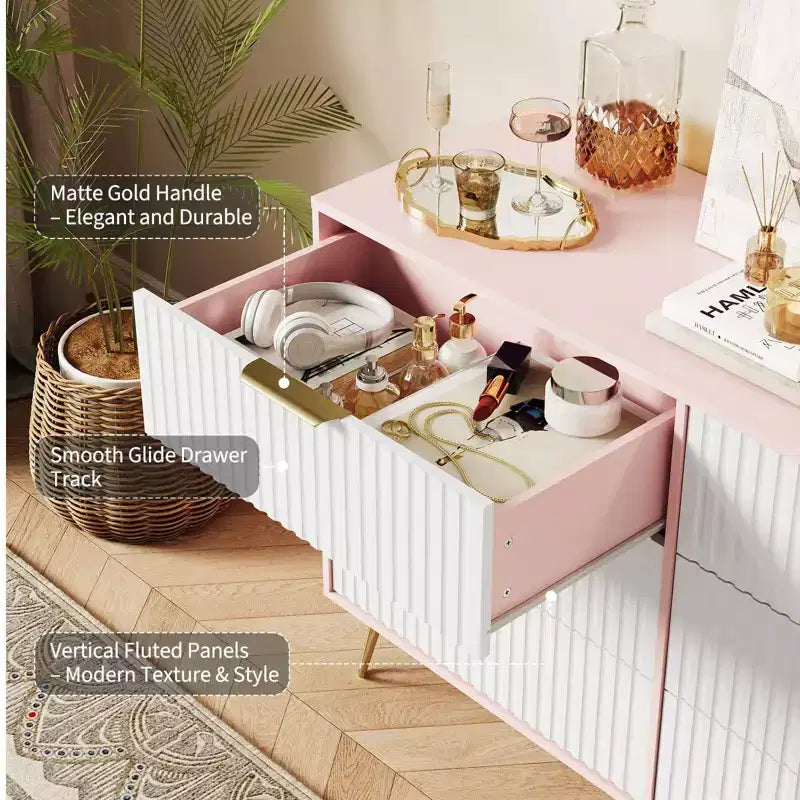 Commode à 6 tiroirs cannelés, commode moderne de 120 cm de large avec poignées métalliques