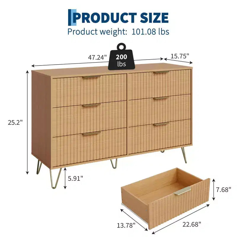 Commode à 6 tiroirs cannelés, commode moderne de 120 cm de large avec poignées métalliques