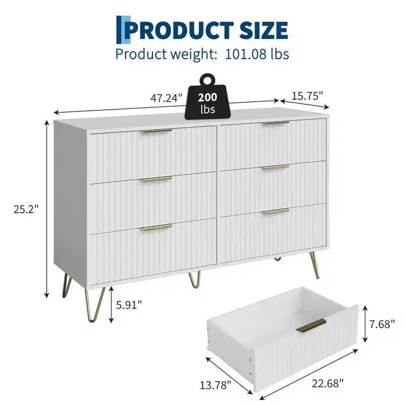 Commode à 6 tiroirs cannelés, commode moderne de 120 cm de large avec poignées métalliques