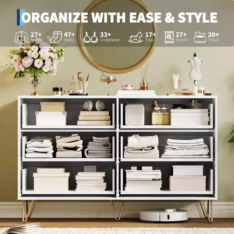 Commode à 6 tiroirs cannelés, commode moderne de 120 cm de large avec poignées métalliques