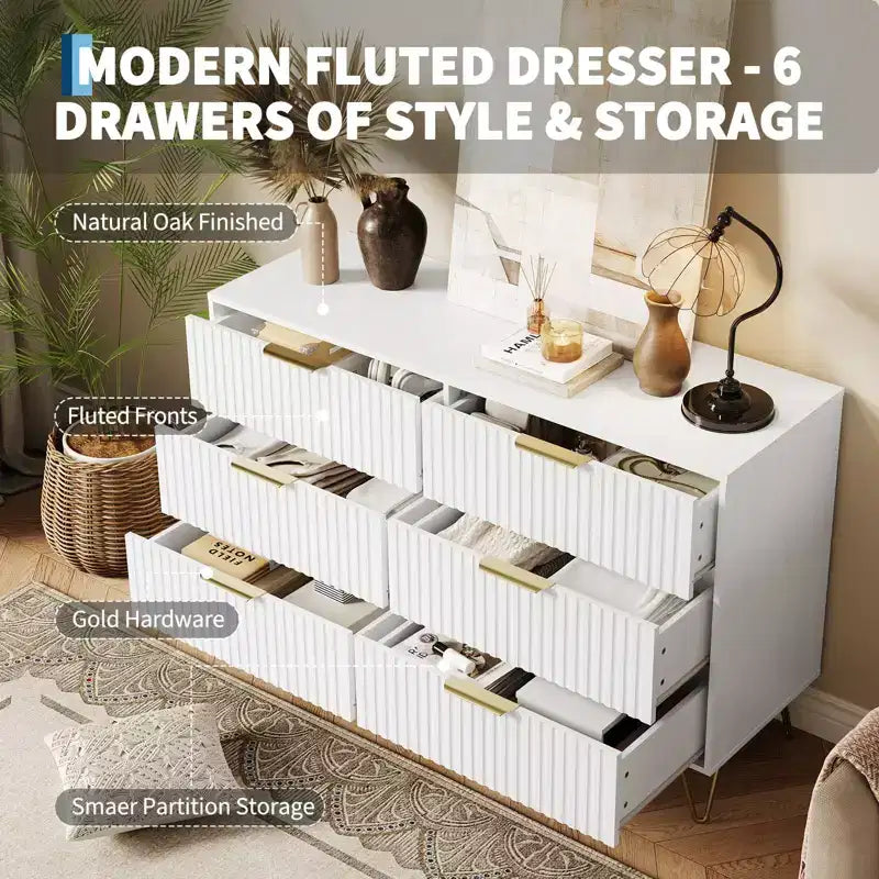 Commode à 6 tiroirs cannelés, commode moderne de 120 cm de large avec poignées métalliques