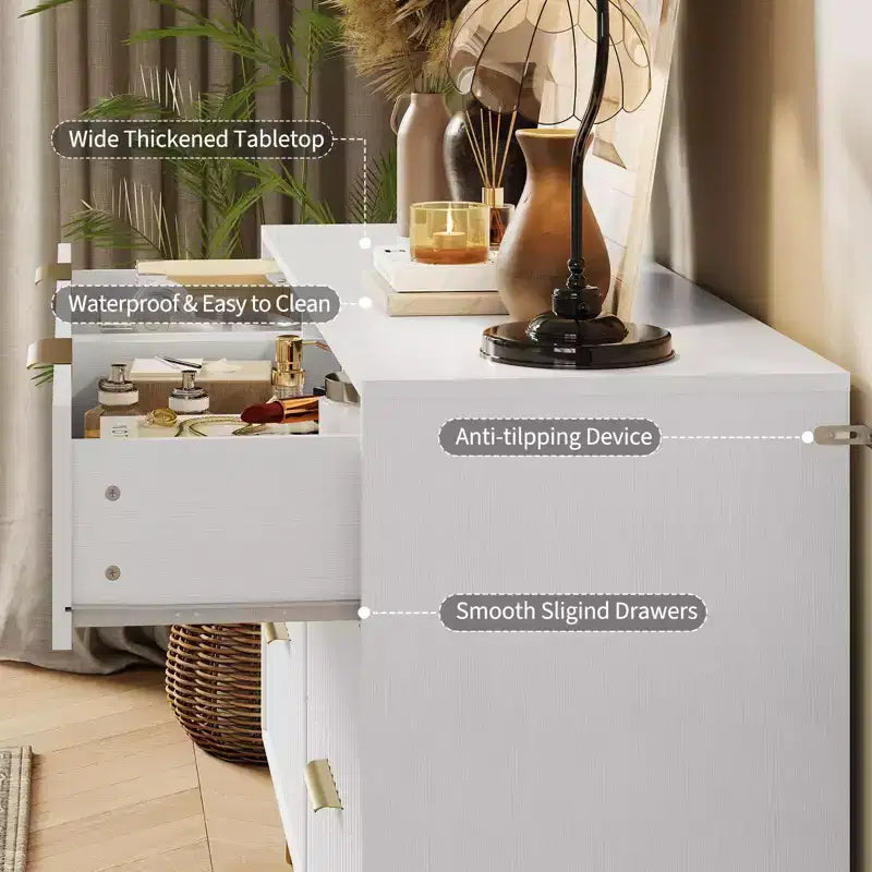 Commode à 6 tiroirs cannelés, commode moderne de 120 cm de large avec poignées métalliques