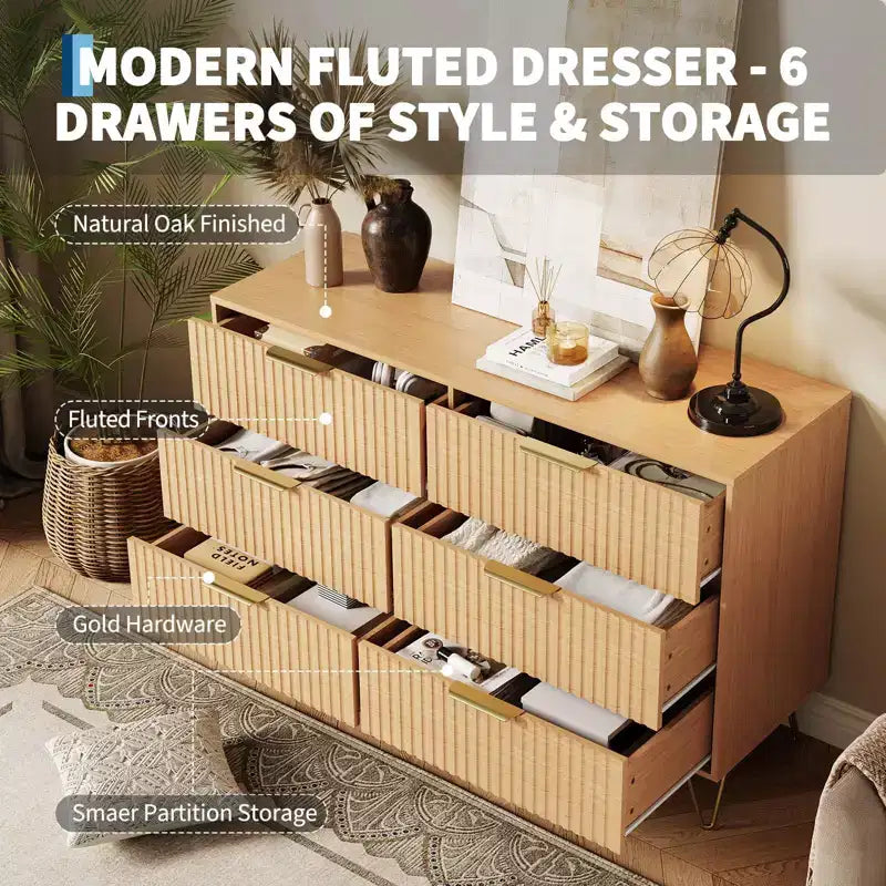 Commode à 6 tiroirs cannelés, commode moderne de 120 cm de large avec poignées métalliques
