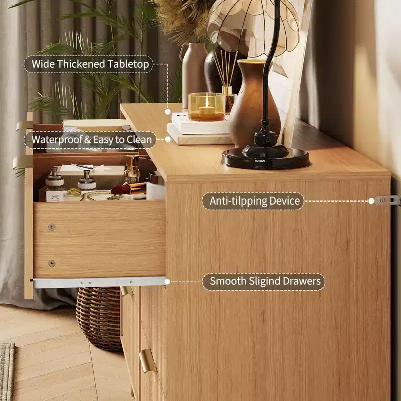 Commode à 6 tiroirs cannelés, commode moderne de 120 cm de large avec poignées métalliques