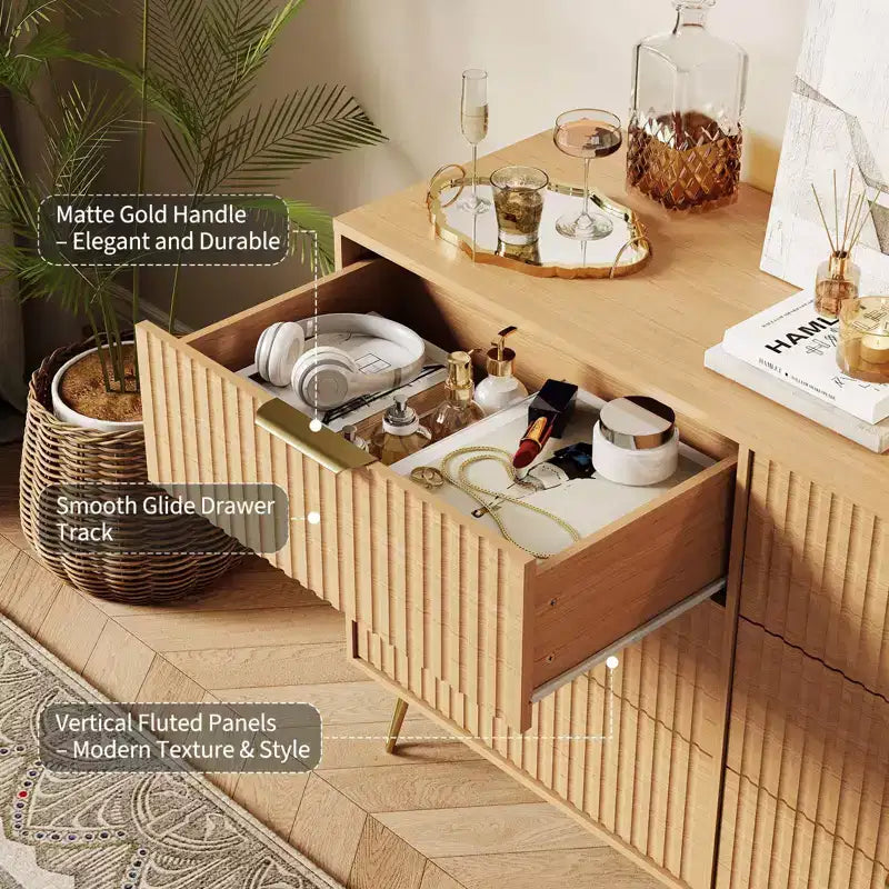 Commode à 6 tiroirs cannelés, commode moderne de 120 cm de large avec poignées métalliques