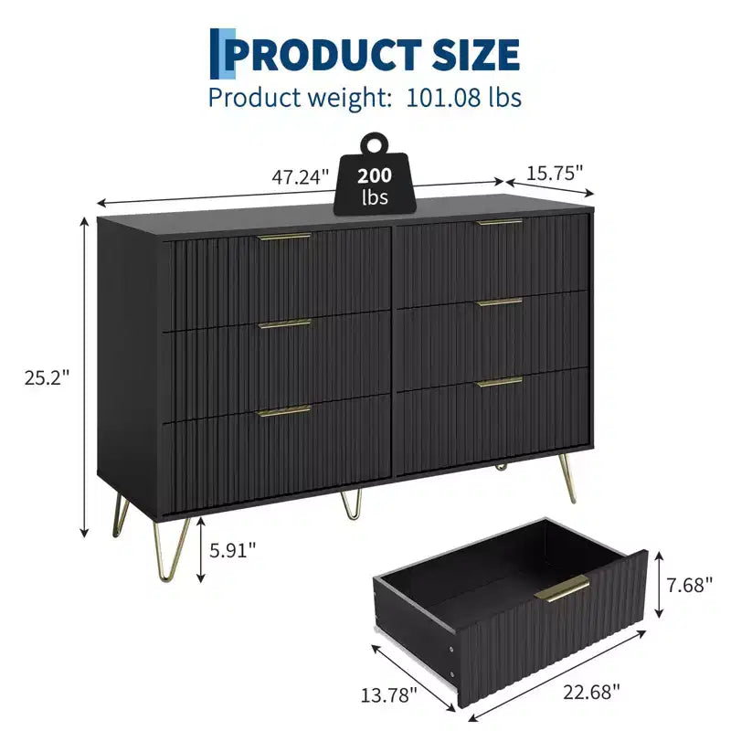 Commode à 6 tiroirs cannelés, commode moderne de 120 cm de large avec poignées métalliques