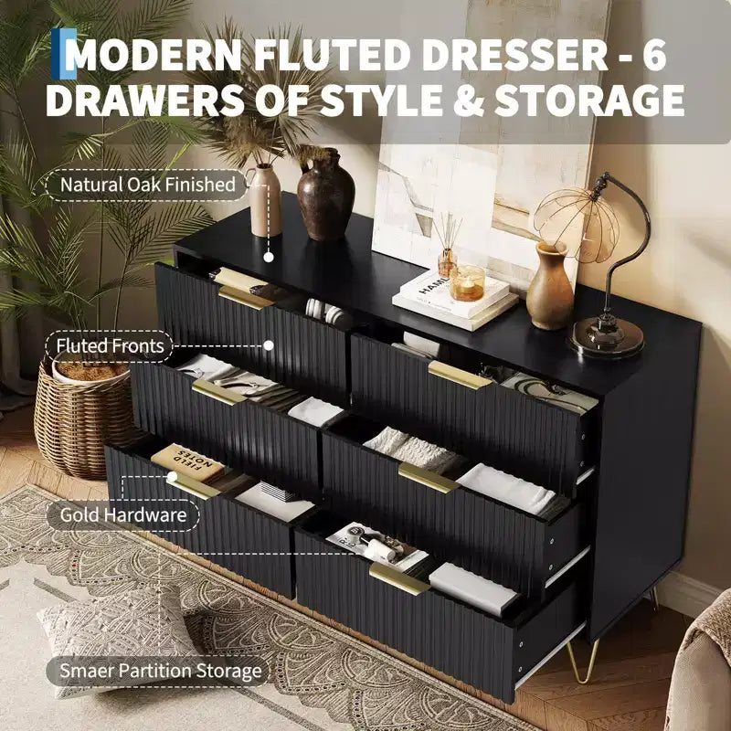Commode à 6 tiroirs cannelés, commode moderne de 120 cm de large avec poignées métalliques
