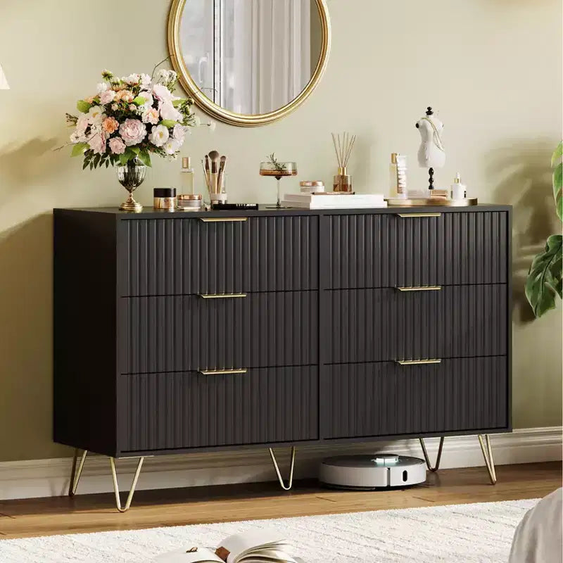 Commode à 6 tiroirs cannelés, commode moderne de 120 cm de large avec poignées métalliques