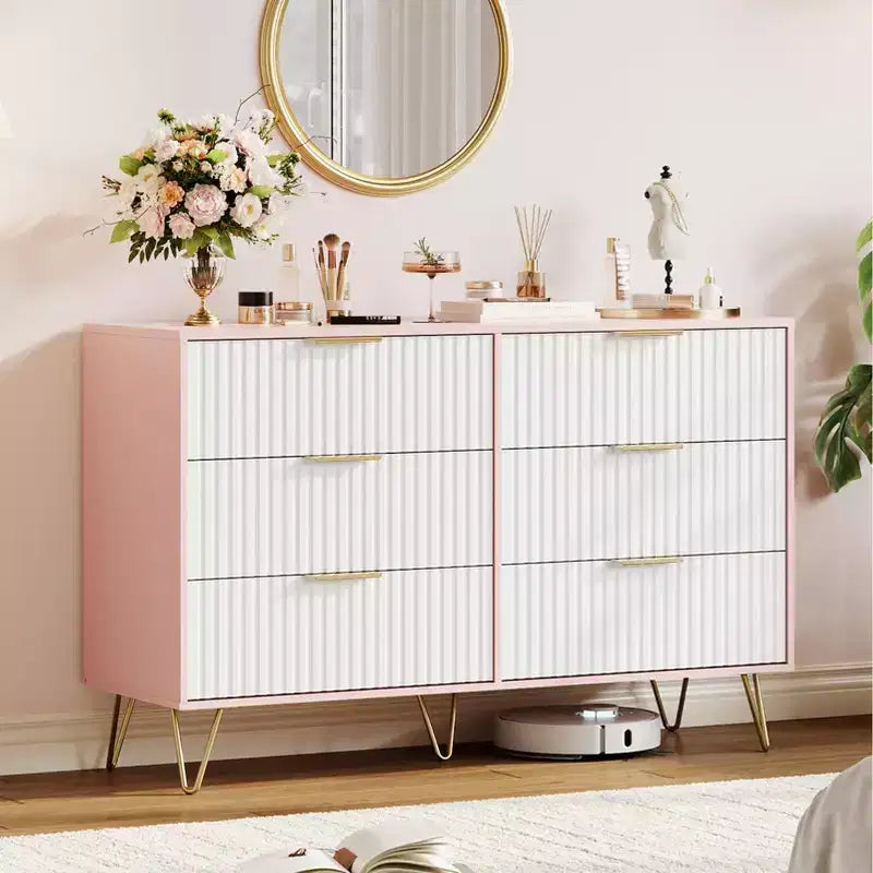 Commode à 6 tiroirs cannelés, commode moderne de 120 cm de large avec poignées métalliques