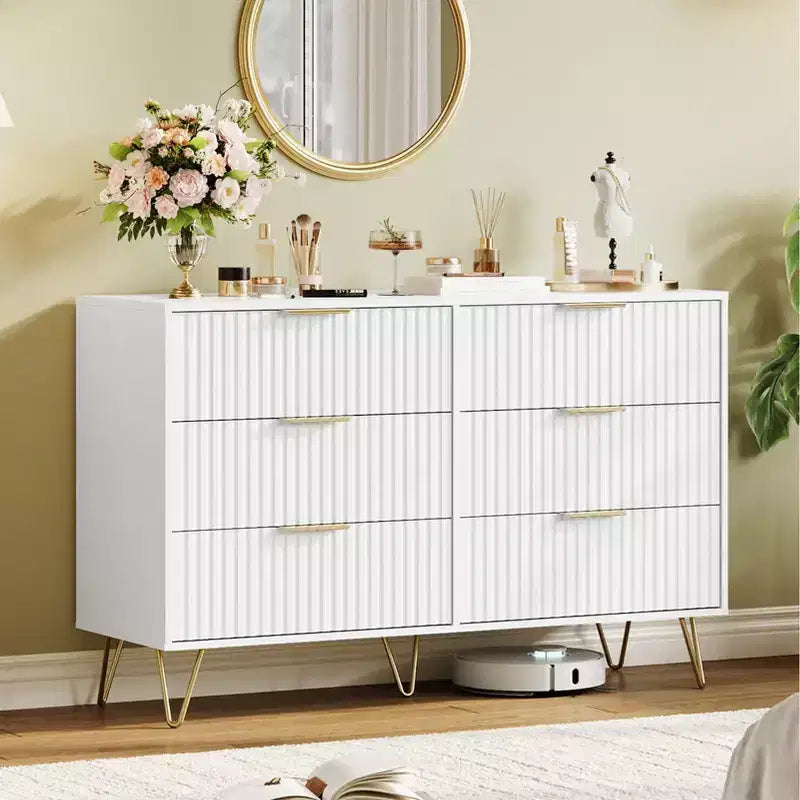 Commode à 6 tiroirs cannelés, commode moderne de 120 cm de large avec poignées métalliques