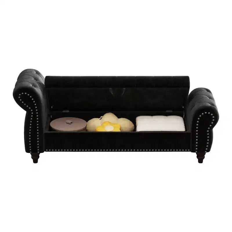 Banc de rangement en velours capitonné avec accoudoirs courbés de 164 cm - Noir