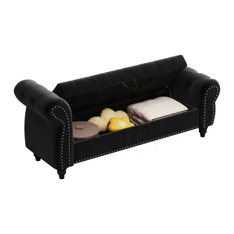 Banc de rangement en velours capitonné avec accoudoirs courbés de 164 cm - Noir